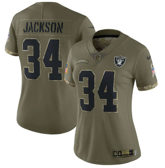 Women's Las Vegas Raiders #34 Bo Jackson Olive 2022 Salute To Service Limited Stitched Jersey(Run Small)